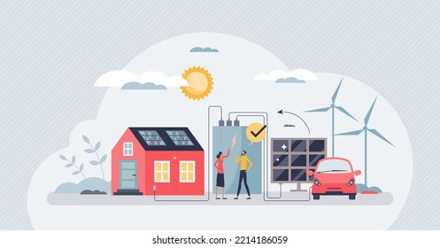 Off The Grid Lifestyle With Independent Power Source Tiny Person Concept. House Electricity Supply With Alternative Solar Roof System And Smart Battery Building For Remote Home Vector Illustration.