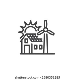 Off Grid Living line icon. linear style sign for mobile concept and web design. A house with solar panel and a wind turbine outline vector icon. Symbol, logo illustration. Vector graphics