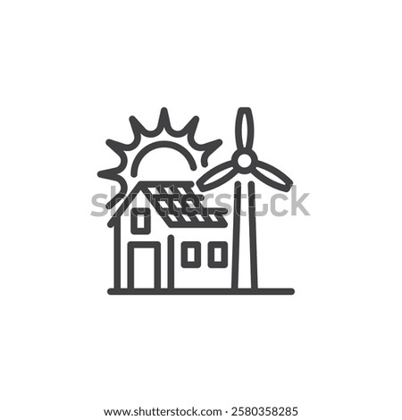 Off Grid Living line icon. linear style sign for mobile concept and web design. A house with solar panel and a wind turbine outline vector icon. Symbol, logo illustration. Vector graphics