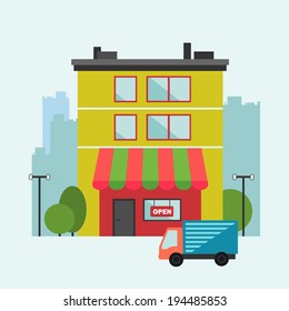 Off line shop. Building retail store front with delivery van