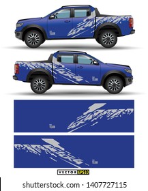 Off load truck 4 wheel drive and car graphic vector. abstract lines with blue background design for vehicle vinyl wrap