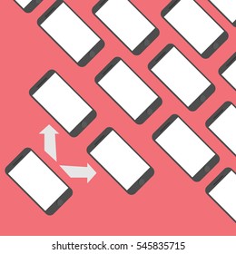 A lot off phones. Illustration of spread app. Spread application. Mobiles on red background. Transmit same info. Transfer app