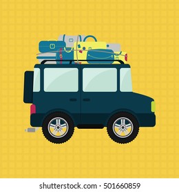 Off road or 4x4 car with luggage on the roof. Yellow background