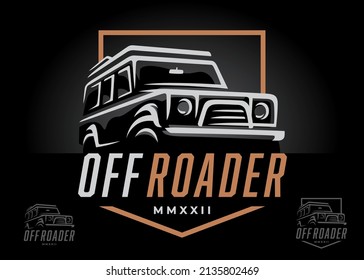 Off road 4x4 motor vehicle logo icon. All-terrain SUV offroader club symbol. Auto garage 4wd showroom dealership badge. Vector illustration.