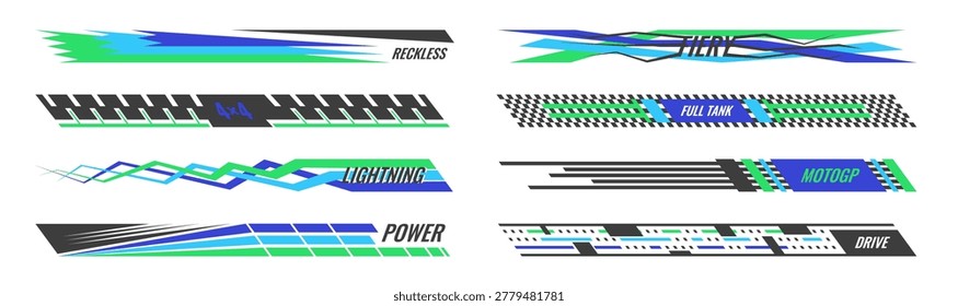 Off road 4x4 racing graphics. Blue black speed stripe set halftone decoration truck modification. Vector motorsport elements drag track patterns, checkered borders, automotive vinyl wraps