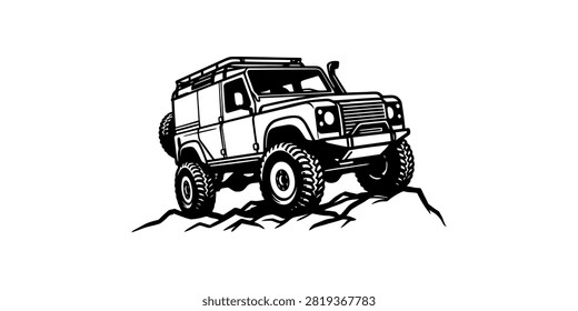 Off Road 4x4 Vehicle Silhouette on Rocky Mountain logo icon.