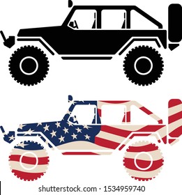 Off road 4x4 vehicle with USA flag and black isolated vector illustration