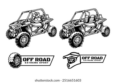 off road adventure rider and vehicle logo design for extreme sport. off road 4x4 quad racing sign symbol modern logo. off road helmet and tire sport emblem badge logo illustration