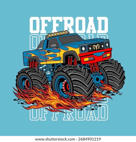 Off road Adventure Vehicle ,Custom Truck with Fire Design,vector illustration