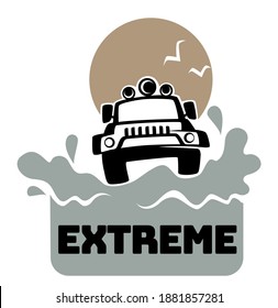 Off road adventures and extreme sports outdoors, isolated label or logotype for club. Big car or jeep driving through river. Automobile and water splashes. Tourism and vacation. Vector in flat style