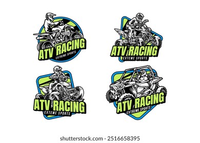 colección de diseño de logotipo de ciclista todoterreno y ATV para deportes extremos y aventuras. conjunto de logotipo de emblema de carreras de quad 4x4 para vehículos todo terreno. PAQUETE de ilustración de logotipo de insignia deportiva de velocidad de pie ATV