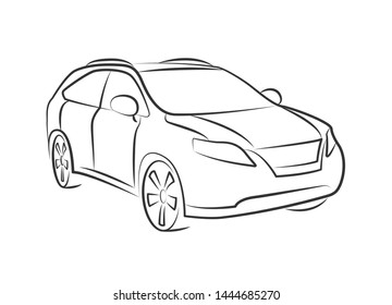 off road auto car detailed monochrome vector illustration. black vehicle outline perspective sketch isolated on white background