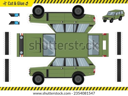 Off road car 3d paper cut. DIY paper craft projects. Worksheets for children's crafts. Educational kid activity page. Vector illustration.