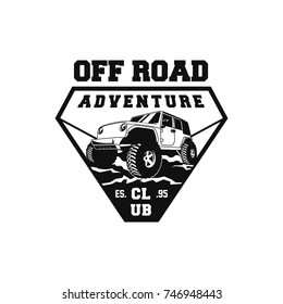 Off Road Car 4x4 Vehicle Event, Show, Festival, Club Extreme Extreme Forest Expedition Adventure Retro Vintage Classic Style Logo Template, Badge, Emblem, Sticker, Sign, Poster, Stamp, Label, Icon