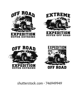 Off Road Car 4x4 Vehicle Event, Show, Festival, Club Extreme Extreme Forest Expedition Adventure Retro Vintage Classic Style Logo Template, Badge, Emblem, Sticker, Sign, Poster, Stamp, Label, Icon Set