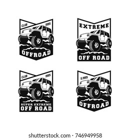 Off Road Car 4x4 Vehicle Event, Show, Festival, Club Extreme Extreme Forest Expedition Adventure Retro Vintage Classic Style Logo Template, Badge, Emblem, Sticker, Sign, Poster, Stamp, Label, Icon Set