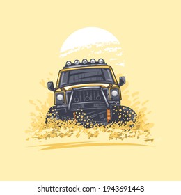 Off road car in the desert hills has raised dust. Illustration in vector graphics.