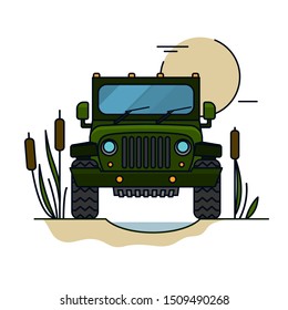 Off road car. Driving in swamps. 4x4 car. Editable vector illustration in bright colors. Exploration, travelling and touring concept. Outdoors adventure. Creative drawing.