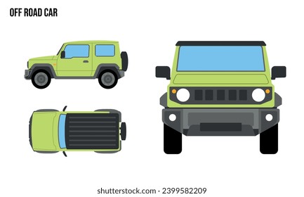 Off Road Car Flat design illustration, Public Vehicles , top view, side view, front view, isolated by white background