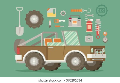 Off road car with icons isolated on color background. Flat vector illustration