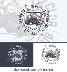 Off Road car logo with a compass on the background for printing on t-shirts.