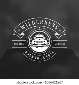 Off road car logo emblem vector illustration. Outdoor extreme adventure expedition, safari suv silhouette shirt, print stamp. Vintage typography badge design.