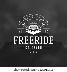 Off road car logo emblem vector illustration. Outdoor extreme adventure expedition, safari suv silhouette shirt, print stamp. Vintage typography badge design.