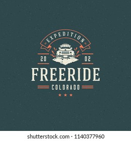 Off road car logo emblem vector illustration. Outdoor extreme adventure expedition, safari suv silhouette shirt, print stamp. Vintage typography badge design.