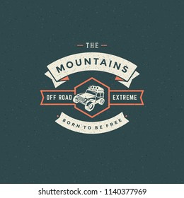 Off road car logo emblem vector illustration. Outdoor extreme adventure expedition, safari suv silhouette shirt, print stamp. Vintage typography badge design.