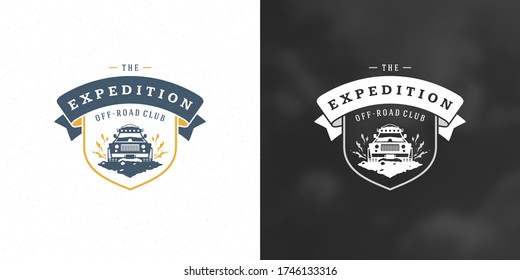 Logo für Geländewagen Emblem Vektorgrafik Outdoor Extreme Adventure Expedition Safari Suv Silhouette für Hemd oder Druckstempel. Vintage Typografie-Badge-Design.