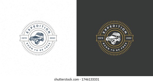 Off road car logo emblem vector illustration outdoor extreme adventure expedition safari suv silhouette for shirt or print stamp. Vintage typography badge design.