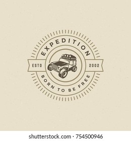 Off road car logo emblem vector illustration. Outdoor extreme adventure expedition, safari suv silhouette shirt, print stamp. Vintage typography badge design.