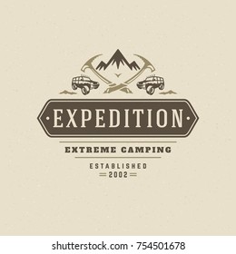 Off road car logo emblem vector illustration. Outdoor extreme adventure expedition, safari suv silhouette shirt, print stamp. Vintage typography badge design.