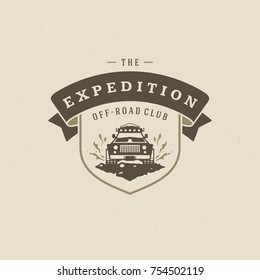 Off road car logo emblem vector illustration. Outdoor extreme adventure expedition, safari suv silhouette shirt, print stamp. Vintage typography badge design.