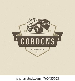 Off road car logo emblem vector illustration. Outdoor extreme adventure expedition, safari suv silhouette shirt, print stamp. Vintage typography badge design.