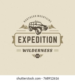 Off road car logo emblem vector illustration. Outdoor extreme adventure expedition, safari suv silhouette shirt, print stamp. Vintage typography badge design.