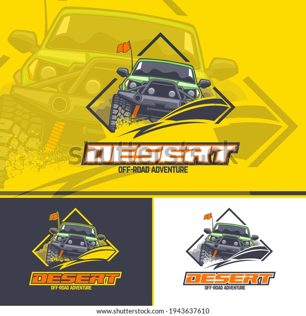 Off road car logo in three versions on a\
yellow, dark and white\
background.
