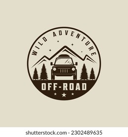 diseño gráfico del icono de la plantilla vintage de ilustración vectorial fuera del logotipo de la carretera. vehículo de aventura al aire libre con signo o símbolo de paisaje de montaña y pino con tipografía retro con placa