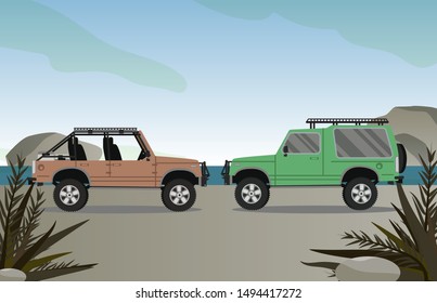 off road car on the road with beach scene