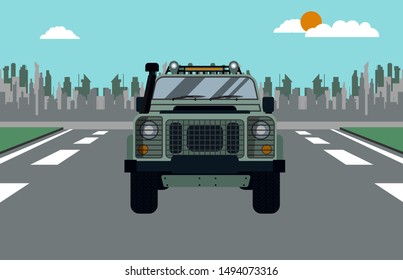 off road car on the road with city scene