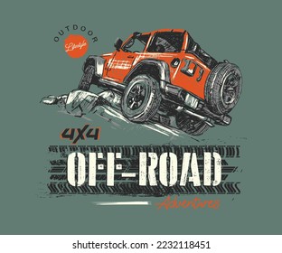 Off road car outdoor adventure. Grunge vector illustration