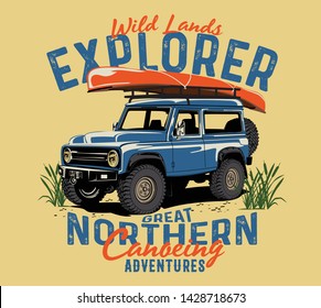 off road car and rivers canoe camp vector print for boy t shirt grunge effect in separate layer