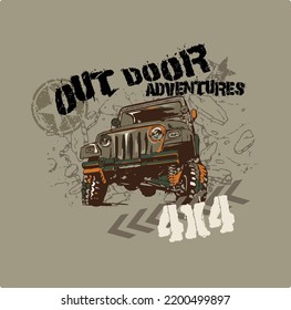 off road car and rivers canoe camp vector print for boy t shirt grunge effect