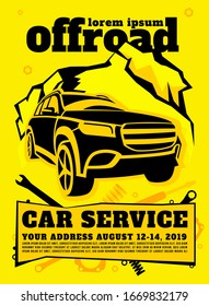 Off road car service poster. Automotive offroad repair concept. Off-roading suv maintainance and repairing workshop design. Isolated vector illustration in yellow and black. Vertical background.