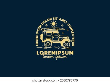 Off road car and surfing board line art drawing with lorem ipsum text design