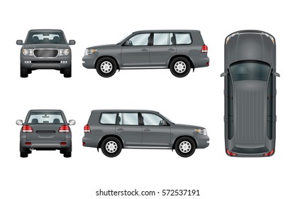 Off road car template. Vector isolated suv on white. Vehicle branding mockup. The ability to easily change the color. All sides in groups on separate layers. View from side, back, front and top.