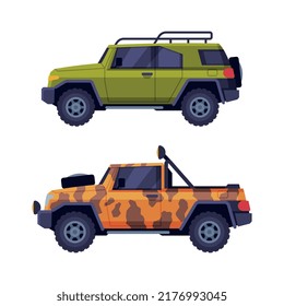 Off Road Car Vehicle with Wheel as Transport for Hunting Vector Set