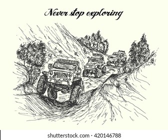 Off road cars climbing mountain between rocks.Hand drawn,sketch style,isolated,vector,illustration.