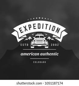 Off road cars logo emblem vector illustration. Outdoor extreme adventure expedition, safari suv silhouette shirt, print stamp. Vintage typography badge design.