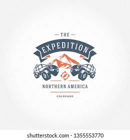 Off road cars logo emblem vector illustration. Outdoor extreme adventure expedition, safari suv silhouette shirt, print stamp. Vintage typography badge design.